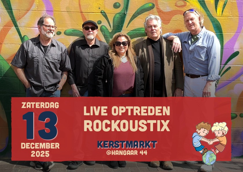 De vijf muzikanten van Rockoustix voor een kleurrijke muur, aangekondigd voor een live optreden op de kerstmarkt van 2025.