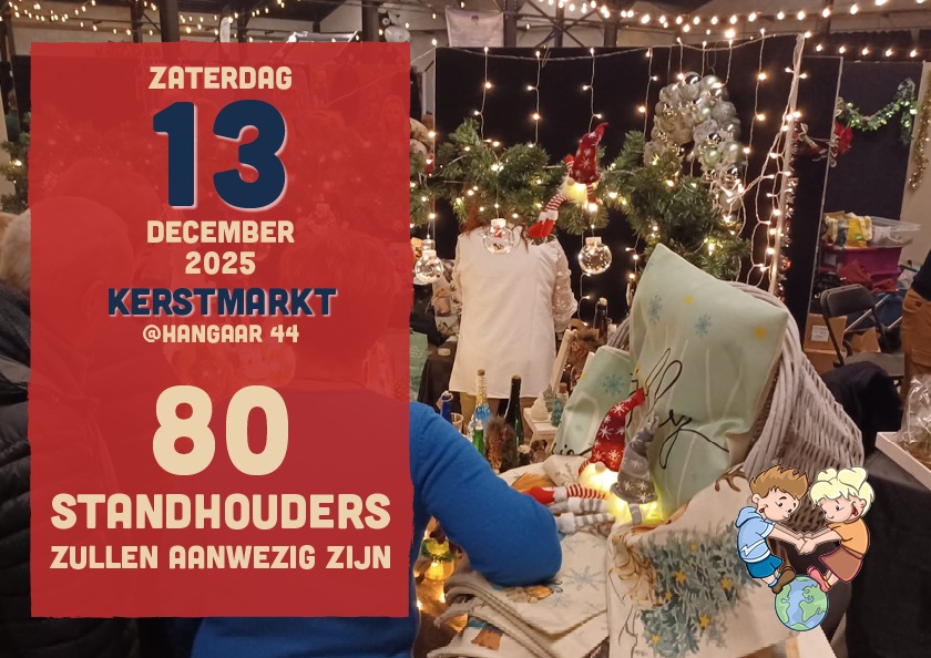 Een kraampje met kerstversiering en lichtjes op de kerstmarkt van 2025, met de tekst "80 standhouders zullen aanwezig zijn".
